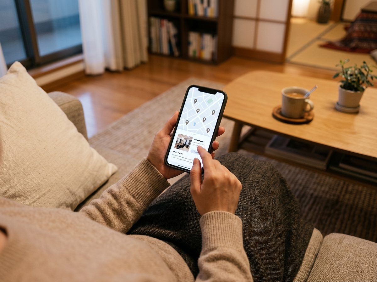 自宅でスマホの地図からお店を探しているところ